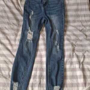 Wax Jean Distressed Skinny Jeans Frayed Hem Stretch High Rise Blue Denim